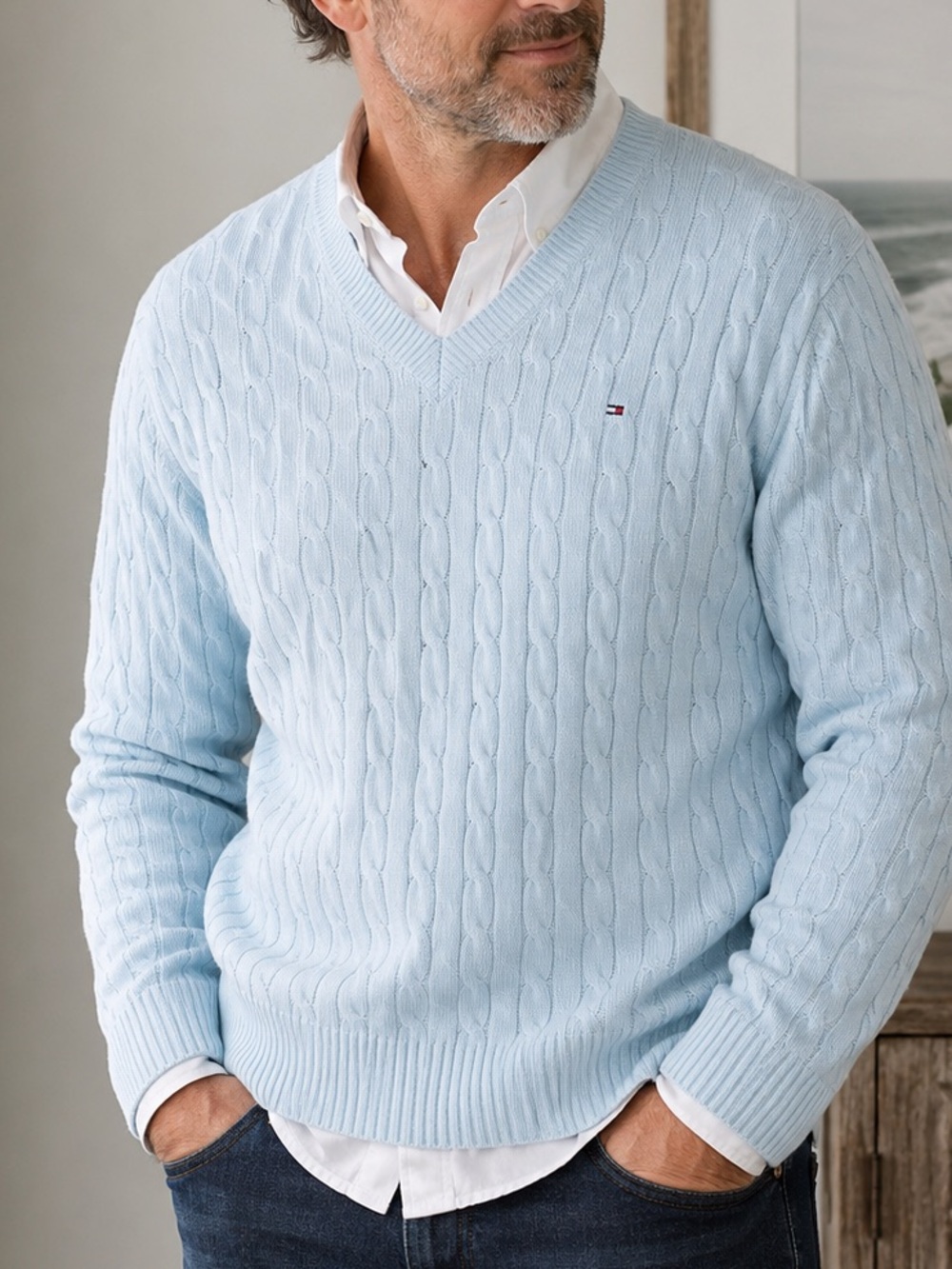 Tommy Hilfiger Men’s XXL Cable Knit Sweater Light Blue 100% Cotton V-Neck Preppy